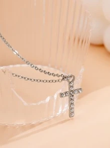方晶鋯石十字吊墜項鍊 - 銀色 - 查看 5
