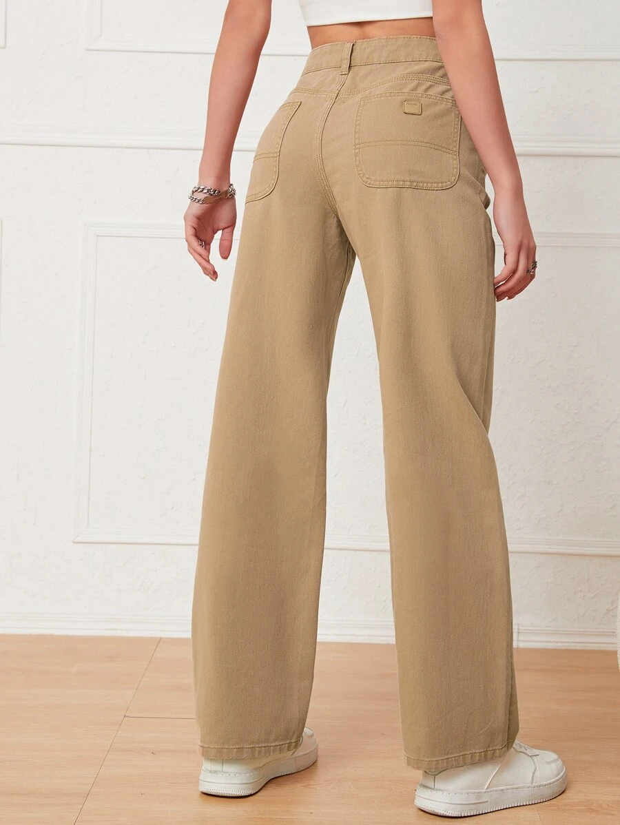 Solid Straight Leg Jeans - Khaki - View 1