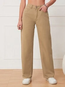 Solid Straight Leg Jeans - Khaki - View 2