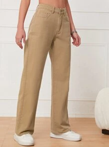 Solid Straight Leg Jeans - Khaki - View 3