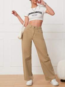 Solid Straight Leg Jeans - Khaki - View 5