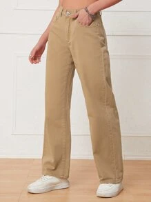 Solid Straight Leg Jeans - Khaki - View 6