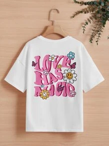 SHEIN Girls Slogan & Floral Print Drop Shoulder Tee - White - View 1