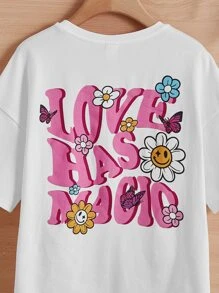 SHEIN Girls Slogan & Floral Print Drop Shoulder Tee - White - View 4