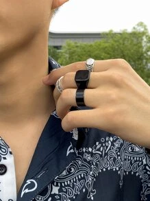 Fashionable and Popular 4pcs Men Moon & Star Engraved Ring Alloy for Jewelry Gift and for a Stylish Look - Black and White - View 1