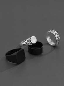 Fashionable and Popular 4pcs Men Moon & Star Engraved Ring Alloy for Jewelry Gift and for a Stylish Look - Black and White - View 3