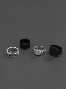 Fashionable and Popular 4pcs Men Moon & Star Engraved Ring Alloy for Jewelry Gift and for a Stylish Look - Black and White - View 5