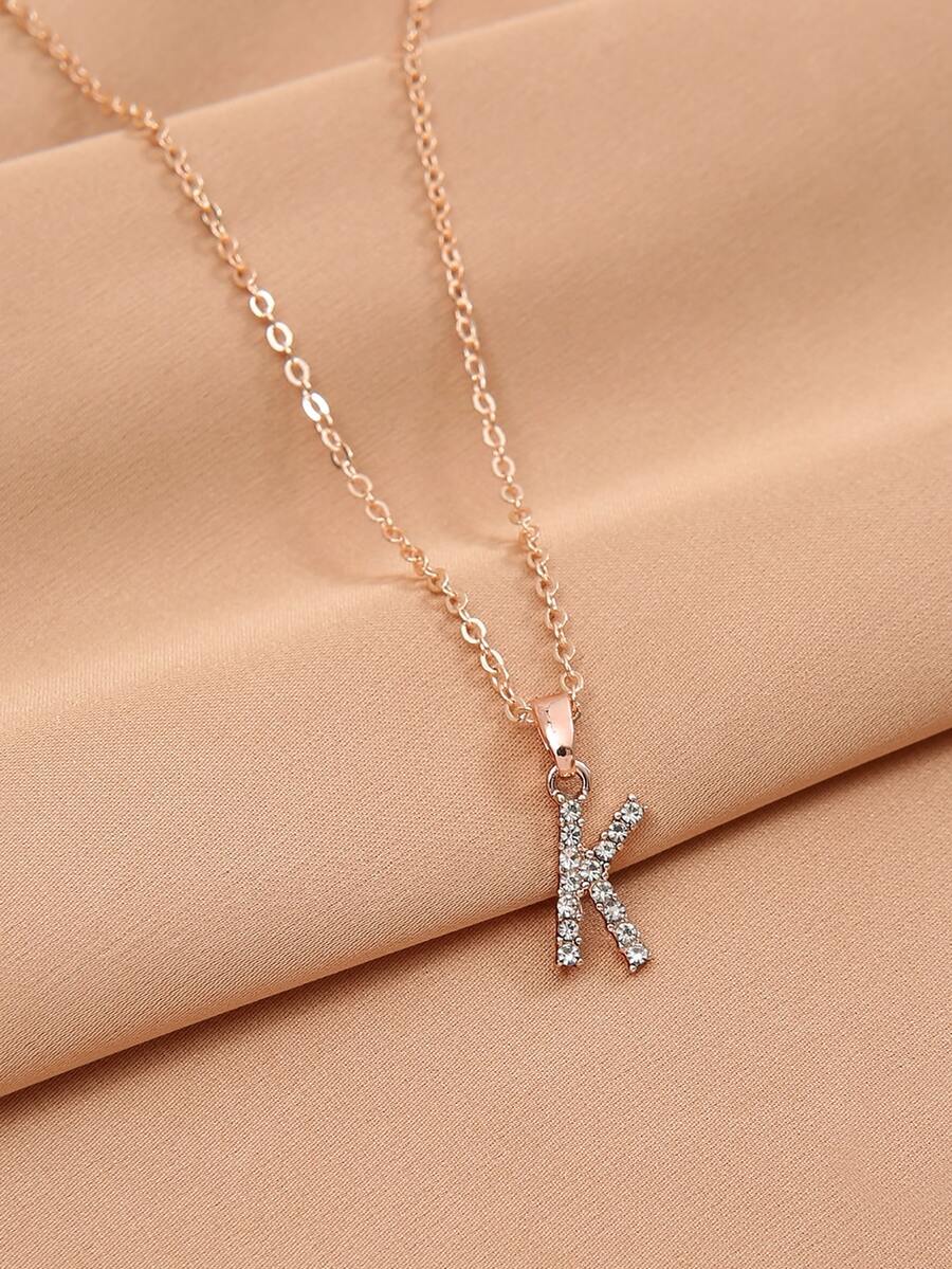 Rhinestone Letter Charm Necklace - Rose Gold - View 1