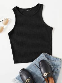 SHEIN EZwear Camiseta sin mangas de canalé liso - Negro - Ver 1