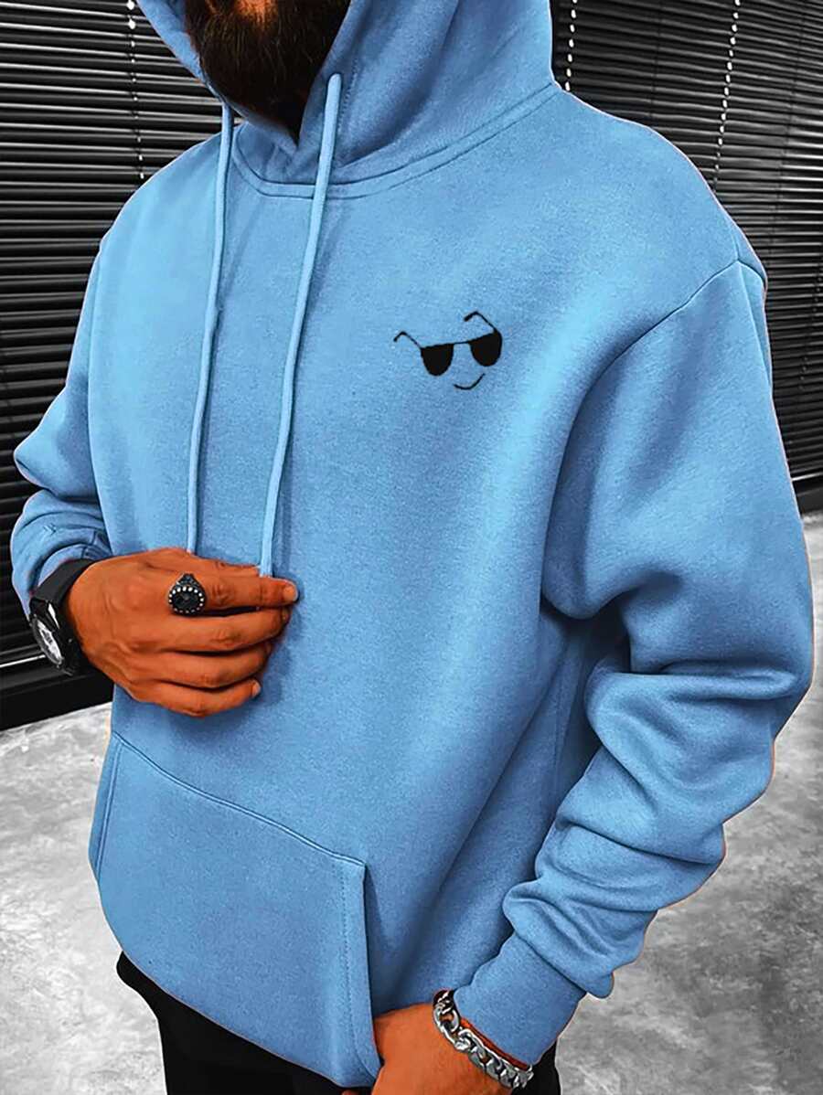 Manfinity Men Cartoon Graphic Kangaroo Pocket Drop Shoulder Drawstring Hoodie - Dusty Blue - View 1