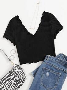 Muchica Lettuce Trim Rib-knit Crop Tee - Black - View 1