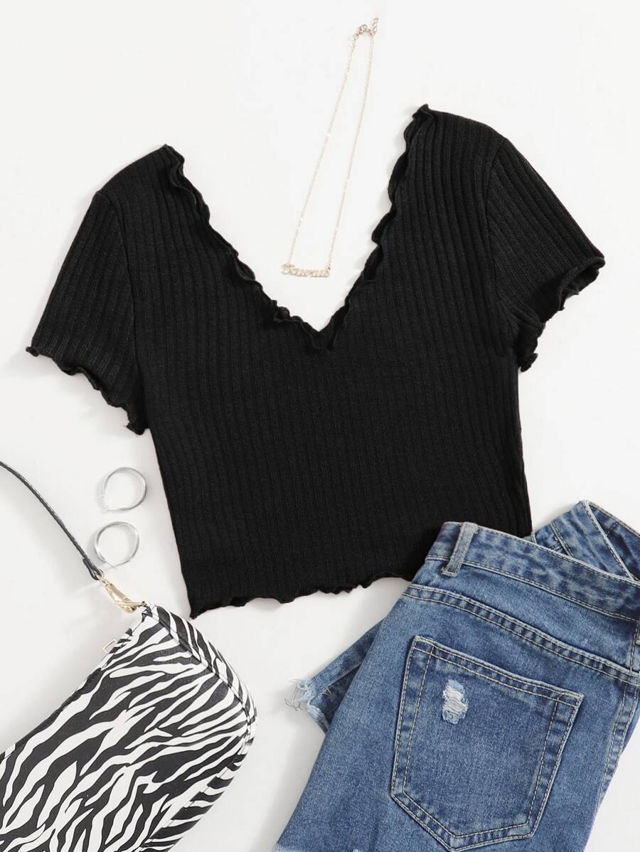 Muchica Lettuce Trim Rib-knit Crop Tee - Black - View 1