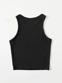 SHEIN EZwear Camiseta sin mangas de canalé liso - Negro - Ver 2