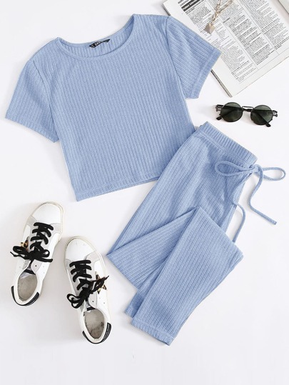 Strick T-Shirt & Leggings mit Taillenband Set