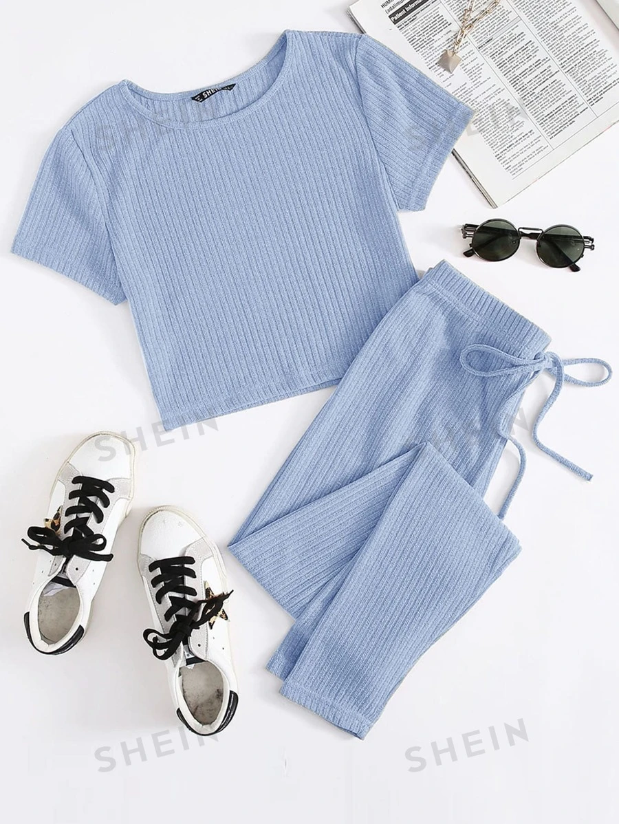 SHEIN EZwear Conjunto camiseta tejida de canalé con leggings de cintura con cordón - Celeste - Ver 1