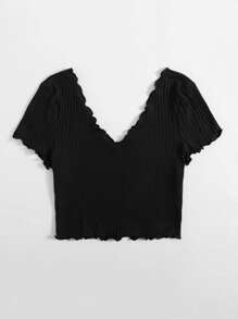 Muchica Lettuce Trim Rib-knit Crop Tee - Black - View 2