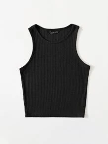 SHEIN EZwear Camiseta sin mangas de canalé liso - Negro - Ver 3