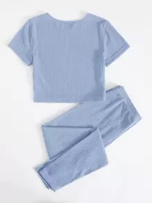 SHEIN EZwear Rib-knit Tee & Tie Waist Leggings Set - Baby Blue - View 2