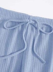 SHEIN EZwear Rib-knit Tee & Tie Waist Leggings Set - Baby Blue - View 3