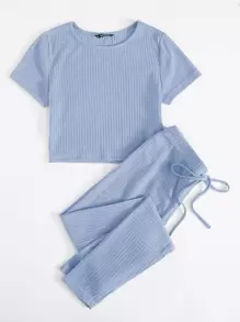 SHEIN EZwear Rib-knit Tee & Tie Waist Leggings Set - Baby Blue - View 4