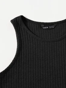 SHEIN EZwear Camiseta sin mangas de canalé liso - Negro - Ver 5