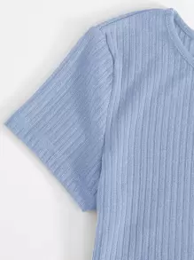 SHEIN EZwear Rib-knit Tee & Tie Waist Leggings Set - Baby Blue - View 5