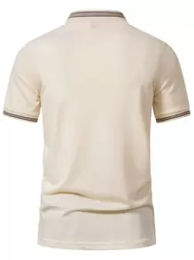 Manfinity Homme Men Plant Print Striped Trim Polo Shirt Button Up Collar Golf Casual Polo Shirt For Husband Beige Polo For Mengolf Shirt Menmens Golf Shirtscasual Men Polo Shirts - Beige - View 2