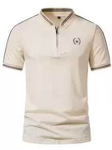 Manfinity Homme Men Plant Print Striped Trim Polo Shirt Button Up Collar Golf Casual Polo Shirt For Husband Beige Polo For Mengolf Shirt Menmens Golf Shirtscasual Men Polo Shirts - Beige - View 4