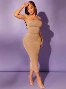 SHEIN SXY Vestido ajustado unicolor fruncido - Albaricoque - Ver 6