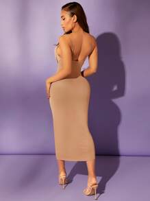 SHEIN SXY Vestido ajustado unicolor fruncido - Albaricoque - Ver 2