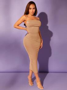 SHEIN SXY Vestido ajustado unicolor fruncido - Albaricoque - Ver 5