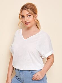 SHEIN Essnce Plus Slub Knit Cuffed Dolman Sleeve Tee - White - View 1