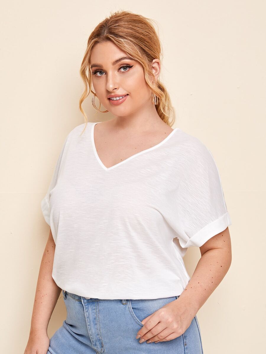 SHEIN Essnce Plus Slub Knit Cuffed Dolman Sleeve Tee - White - View 1