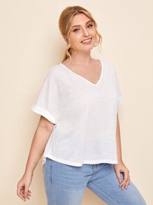 SHEIN Essnce Plus Slub Knit Cuffed Dolman Sleeve Tee - White - View 3