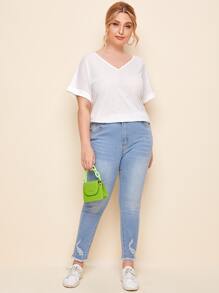 SHEIN Essnce Plus Slub Knit Cuffed Dolman Sleeve Tee - White - View 5
