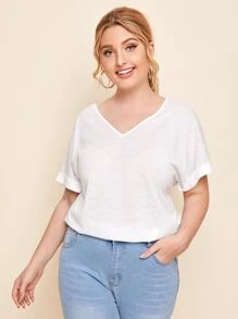 SHEIN Essnce Plus Slub Knit Cuffed Dolman Sleeve Tee - White - View 6