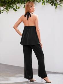 SHEIN Maternity Solid Halter Top & Adjustable Waist Flare Leg Pants Set - Black - View 2