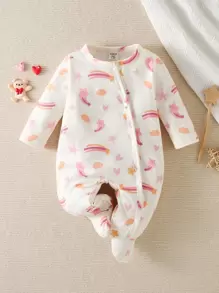Baby Rainbow & Star Print Footed Sleep Jumpsuit - Beige - View 1