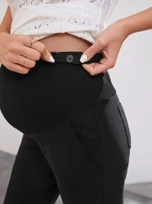 SHEIN Maternity Adjustable Waist Button Hem Trousers - Black - View 3