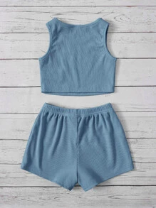 SHEIN 嬰兒字母圖案背心上衣和前繫帶短褲 - 霧霾藍 - 查看 2