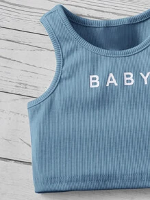 SHEIN 嬰兒字母圖案背心上衣和前繫帶短褲 - 霧霾藍 - 查看 4