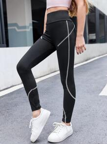 SHEIN Tween Girl Top-Stitching Leggings - Black - View 1