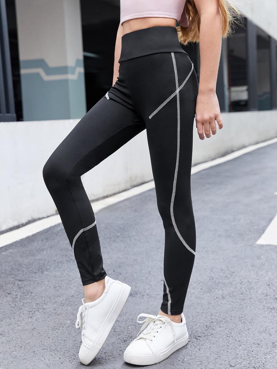 SHEIN Tween Girl Top-Stitching Leggings - Black - View 1