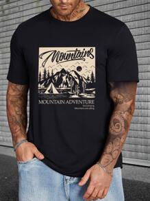 Manfinity Homme Hombres Camiseta con estampado de montaña y letra - Negro - Ver 1