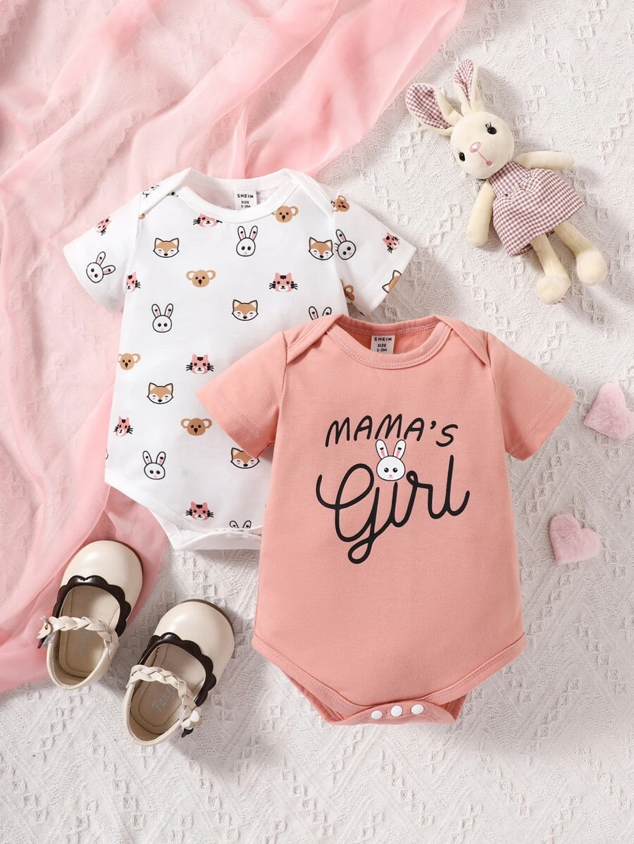 嬰兒2入組卡通和字母圖案連體衣