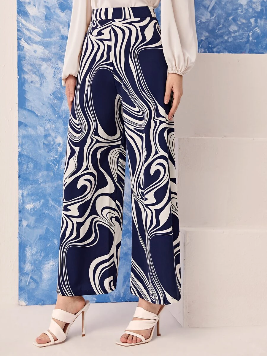 Modelyn Allover Print Wide Leg Trousers - Blue and White - View 1