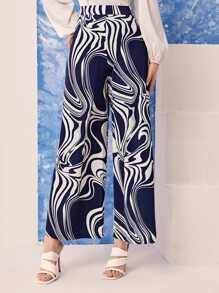 Modelyn Allover Print Wide Leg Trousers - Blue and White - View 2