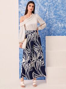 Modelyn Allover Print Wide Leg Trousers - Blue and White - View 3