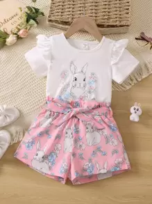 SHEIN 小女童兔子印花荷葉邊T恤和紙袋腰短褲