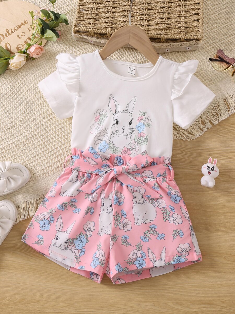 SHEIN 小女童兔子印花荷葉邊T恤和紙袋腰短褲